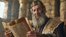 An evocative portrait of King Solomon in regal attire, holding an ancient scroll.