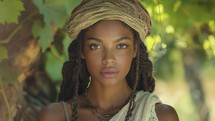 A striking portrayal of the biblical young, dark-skinned woman, Solomon's girlfriend, set against a lush backdrop.
