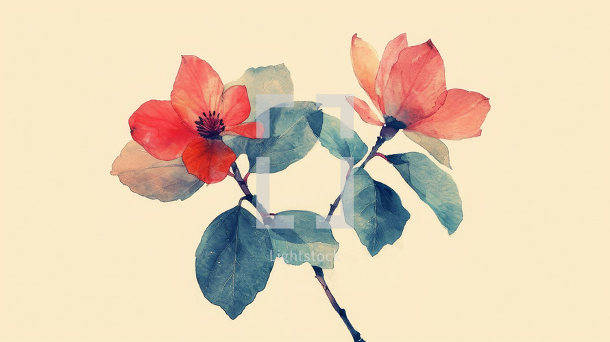 Watercolor painting of delicate red flowers with translucent petals and green leaves on a soft neutral background.