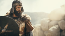 Portrait of a biblical warrior with a helmet and shield in the desert. Old testament concept. 