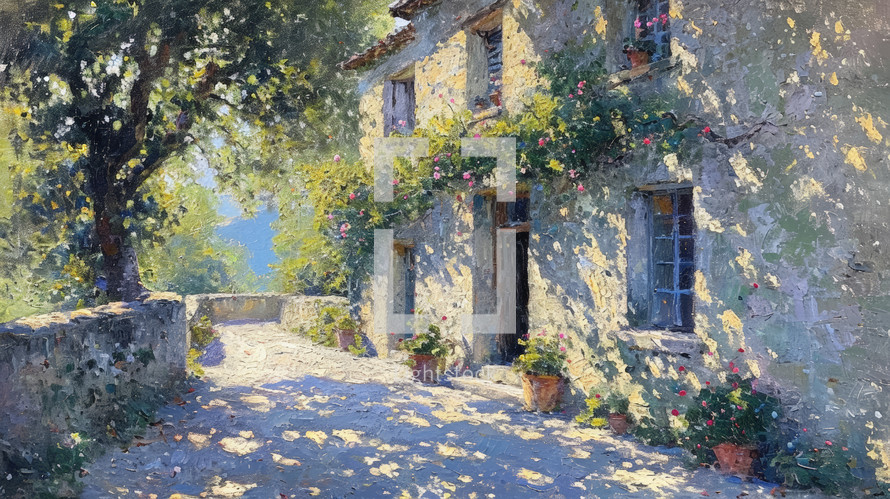 Charming vintage painting capturing a sunlit stone house adorned with climbing roses, set in a tranquil French countryside.