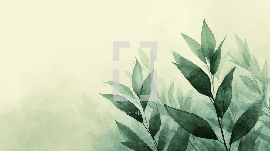 Ethereal digital art of layered green leaves in a minimalist style with a soft, faded green background.