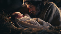 A shepherd kneels in front of the manger and admires the newborn Jesus. Nativity of Jesus. Christmas concept.