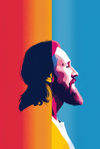 Pop art-style profile of a bearded man with vibrant colors, combining modern design elements with abstract religious symbolism.