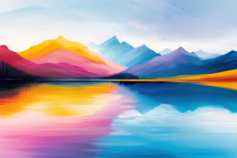 Abstract landscape with colorful mountains reflected in a calm lake, rendered in vibrant impressionist style with bold, flowing colors. 