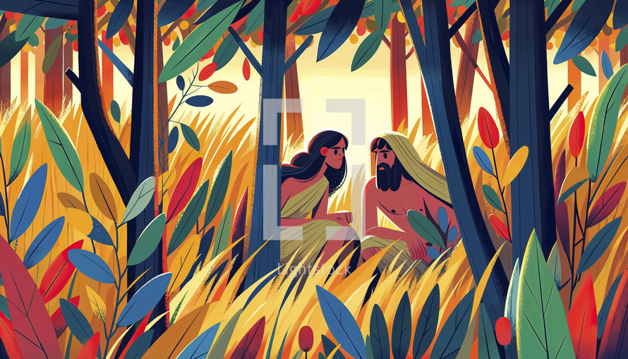 Illustration of Adam and Eve hiding in the Garden of Eden, vibrant foliage.