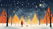 A serene winter landscape featuring a woman in a red coat walking her dog among snow-covered trees under a starry night sky.