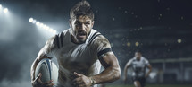 Portrait of a rugby player running with ball in stadium. Sports concept.