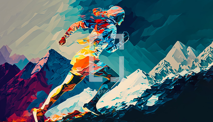 Abstract art. Colorful painting art of a woman running up a winter snow mountain. Endurance or motivation concept.