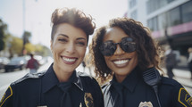 Portrait of two female smiling police officer in urban background.