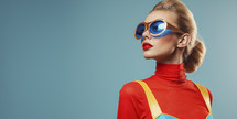 Stylish young woman in superhero costume with retro blue sunglasses and red lipstick posing on a turquoise background.