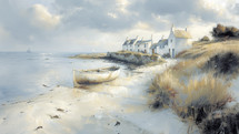 Serene coastal landscape painting with a beached rowboat, white cottages, and a dynamic sky reflecting off calm waters.