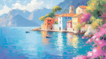 Vivid coastal village painting, drenched in sunlight with turquoise waters, blossoming flora, and historic architecture.
