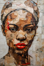 Colorful art style portrait of african woman in torn paper collage background.