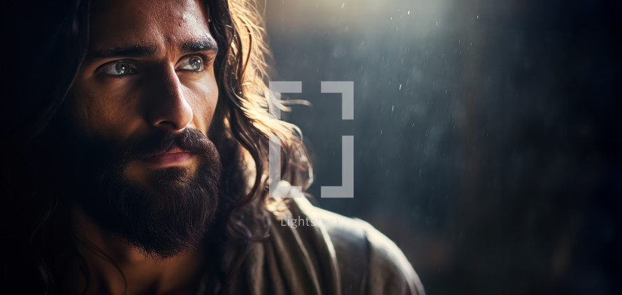 Portrait of Jesus captured in an emotive and serene moment. Christian illustration. 