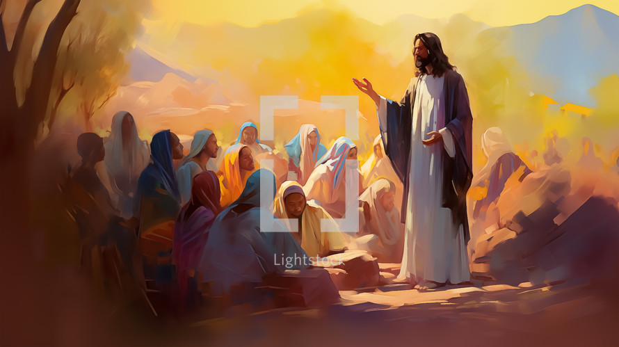 A warm-toned illustration of Jesus preaching to an attentive crowd, set against a backdrop of sunlit hills.