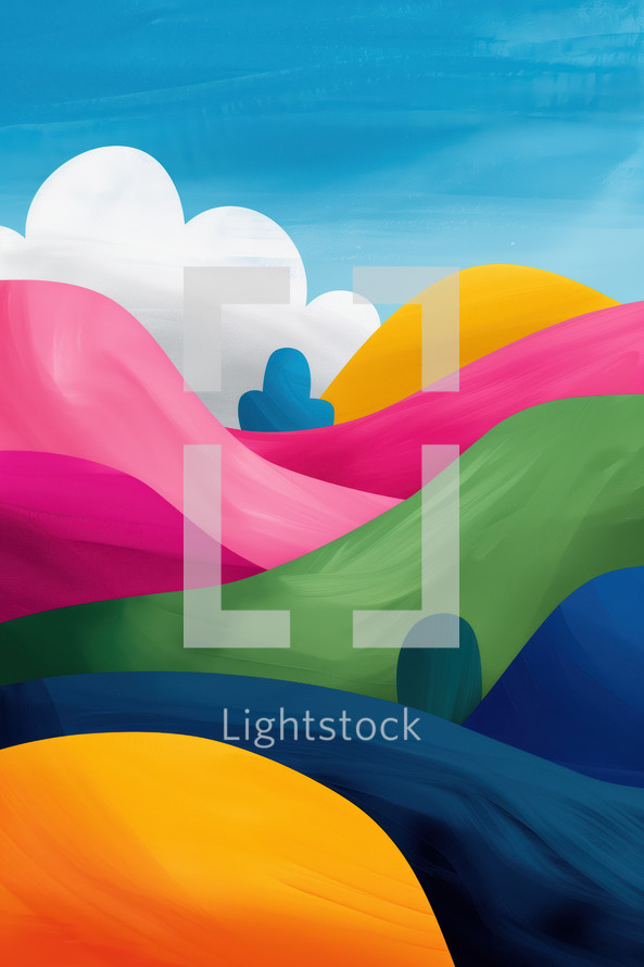 Vibrant abstract landscape with rolling hills in bright colors under a clear blue sky. Ideal for festival posters, creative events, and artistic displays.