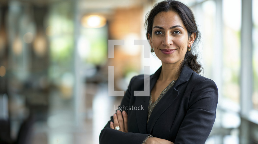 Smiling mature Indian-American businesswoman with crossed arms, exuding confidence and professionalism in an office environment.