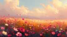 Luminous digital painting of a vibrant wildflower field under a dreamy, pastel-colored sky at dusk.