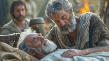 Tender moment of Apostle Paul healing Publius father, biblical healing scene in Malta.