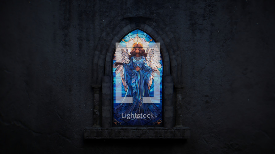 Wide shot of a beautiful, dimly back-lit stained glass window of the Nativity Angel with snow just starting to fall. Stained glass was generated with AI and composited into a 3D CGI scene.