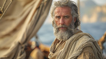 Aged man as biblical Apostle Paul on a Roman merchant ship, en route to Rome, serene yet contemplative.