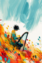 Expressive painting of young David playing the harp, captured in bold impressionist strokes of blue and orange.