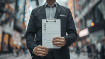 Businessman with checklist, urban background, task management.