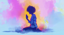A young Afro-American woman is depicted in a serene state of prayer, her profile set against a soft, dreamlike fusion of pastel colors, evoking a sense of peace and devotion.