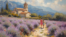 Vintage oil painting of two children walking towards a quaint chapel in a blooming lavender field, with majestic mountains in the background.