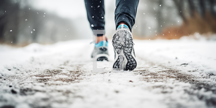 Close-up of a runner's feet on a snowy path, showcasing active winter lifestyle.