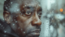 Intimate close-up of an African American man's face behind a rain-speckled window, revealing a reflective expression amidst the soft city lights.