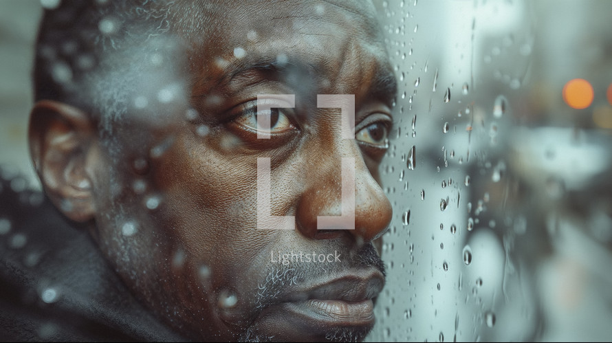 Intimate close-up of an African American man's face behind a rain-speckled window, revealing a reflective expression amidst the soft city lights.