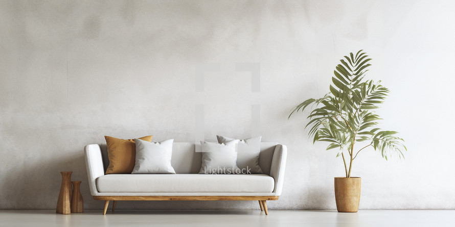 Contemporary minimalist interior with a trendy sofa, earth-toned cushions, and a lush potted plant.