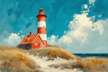 Vibrant coastal painting of a red and white striped lighthouse standing proud among golden dunes under a dynamic blue sky.