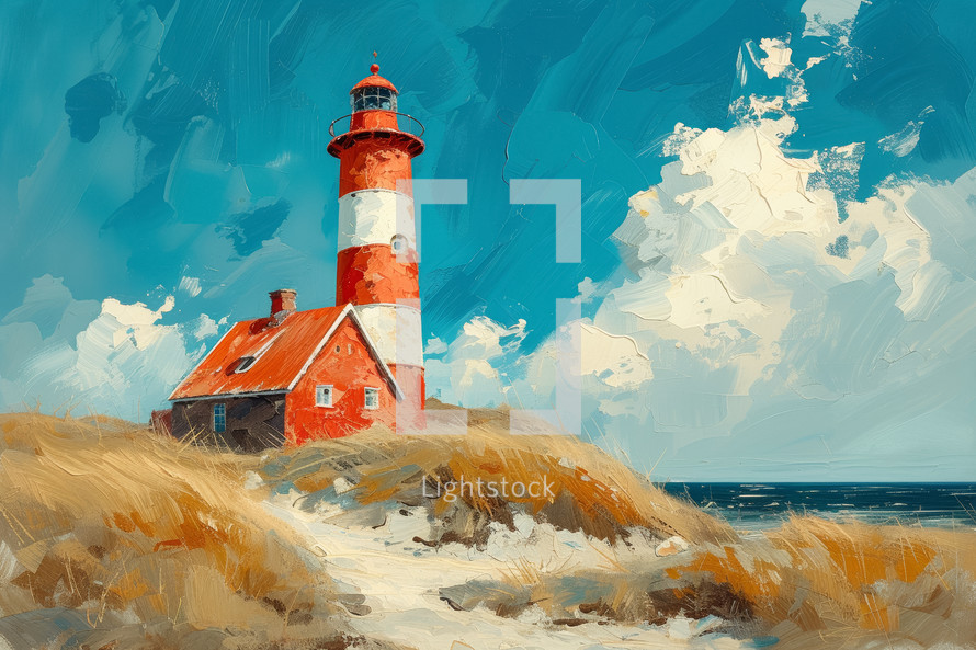 Vibrant coastal painting of a red and white striped lighthouse standing proud among golden dunes under a dynamic blue sky.