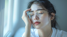 Exhausted young woman with glasses resting her head.