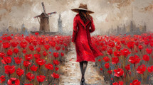 A lone woman in a vibrant red coat wanders through a stunning field of red tulips, with Dutch windmills in the misty background.