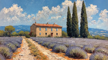 Traditional stone house amidst vibrant lavender fields under a dynamic cloud-filled sky in Southern France, with cypress trees accentuating the rural landscape.