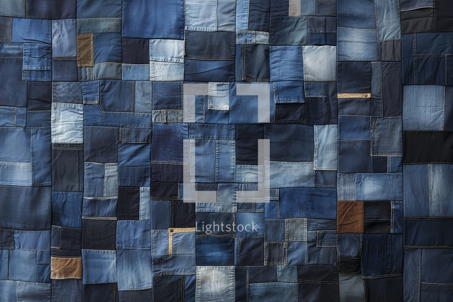 Contemporary wall art featuring a patchwork of various shades of blue denim, creating a textured minimalist pattern.
