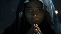 Portrait of young woman praying to God. Relationship with God. Christian illustration. 