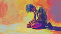 A young Latino man in earnest prayer, depicted with a bowed head and vibrant, expressive splashes of color, highlighting a moment of profound spiritual reflection.