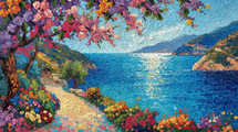 Post-Impressionist style painting capturing a vibrant coastal scene with a mosaic of colorful flowers and a sparkling blue sea.
