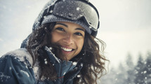 Winter joy: Smiling woman with snowflakes in her hair, wearing ski helmet.