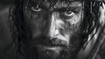 A gripping black and white portrait of a Jesus-like figure with a crown of thorns, his face a canvas of sorrow and resolve.