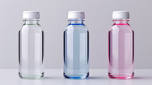 Three clear plastic bottles with white caps, containing liquids in green, blue, and pink hues, neatly arranged on a white surface. Ideal for themes of hydration, beverages, and minimalism.