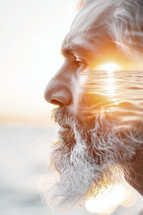 Double exposure portrait of man with sunset and ocean.