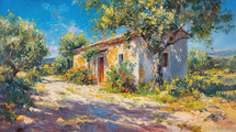 Vibrant Impressionist painting of a cozy house surrounded by flourishing nature and a cobblestone path leading to the entrance.