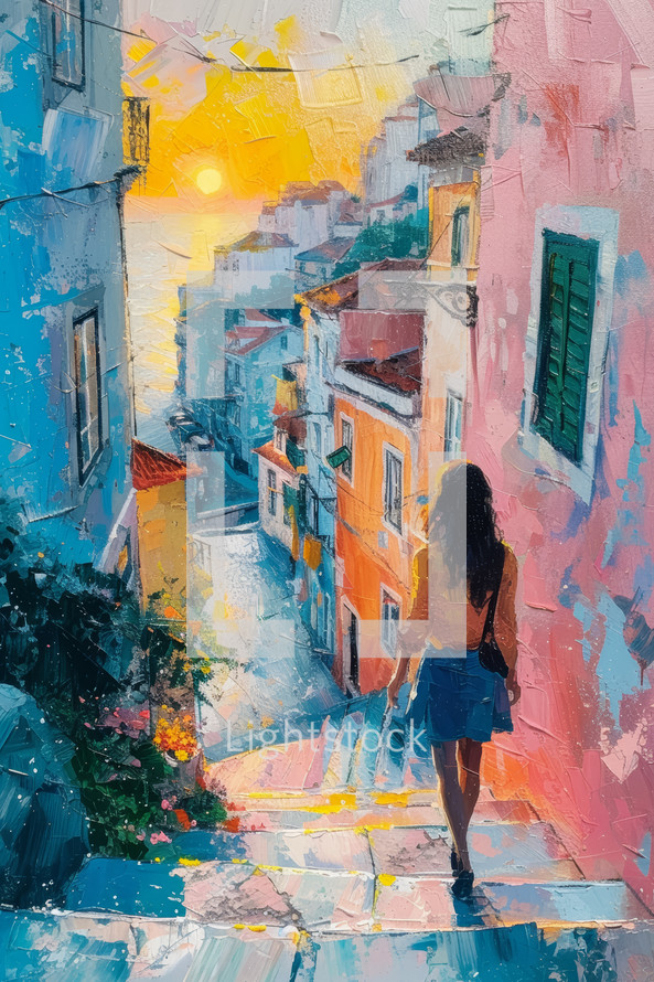 Sunset in coastal city painting, woman walking down street, textured brushwork, vibrant, impressionist style.