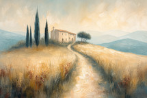 An atmospheric Tuscan landscape painting, depicting a timeless farmhouse nestled among cypress trees, under a warm, pastel-toned sky.